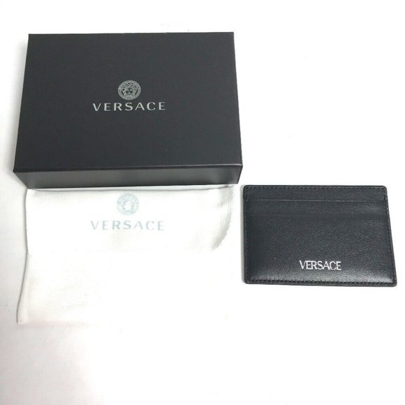 VERSACE logo Business Card Holder Pass Case Card Case Leather Black - Picture 2 of 6